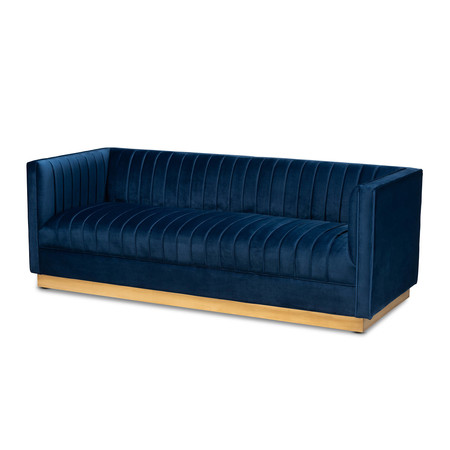 BAXTON STUDIO Aveline Navy Blue Velvet Upholstered Brushed Gold Finished Sofa 159-9784